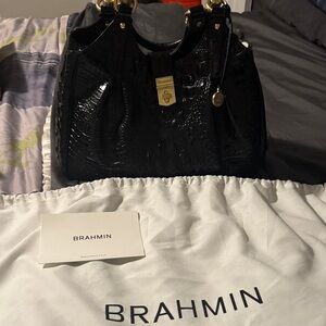 Brahmin Glossy Black Croc Shoulder Bag